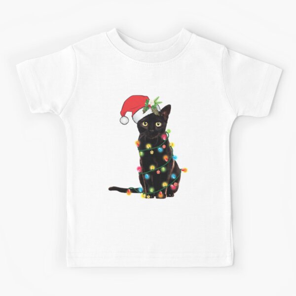 Santa Black Cat Tangled Up In Christmas Tree Lights Holiday Kids T-Shirt