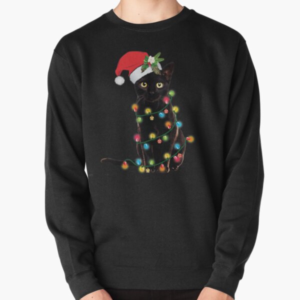 Black Santa Cat Tangled Up In Lights Christmas Santa Illustration Pullover Sweatshirt
