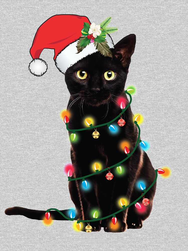 Santa Black Cat Tangled Up In Christmas Tree Lights Holiday by tronictees