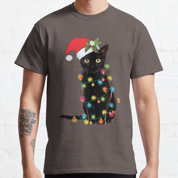 Black Santa Cat Tangled Up In Lights Christmas Santa Illustration Classic T-Shirt