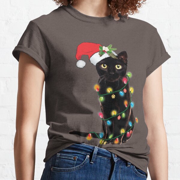 Black Santa Cat Tangled Up In Lights Christmas Santa Illustration Classic T-Shirt