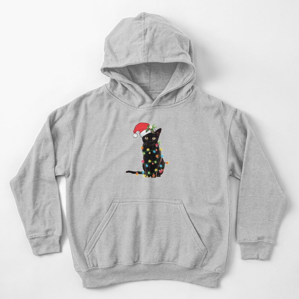 Santa Black Cat Tangled Up In Christmas Tree Lights Holiday Kids Pullover Hoodie