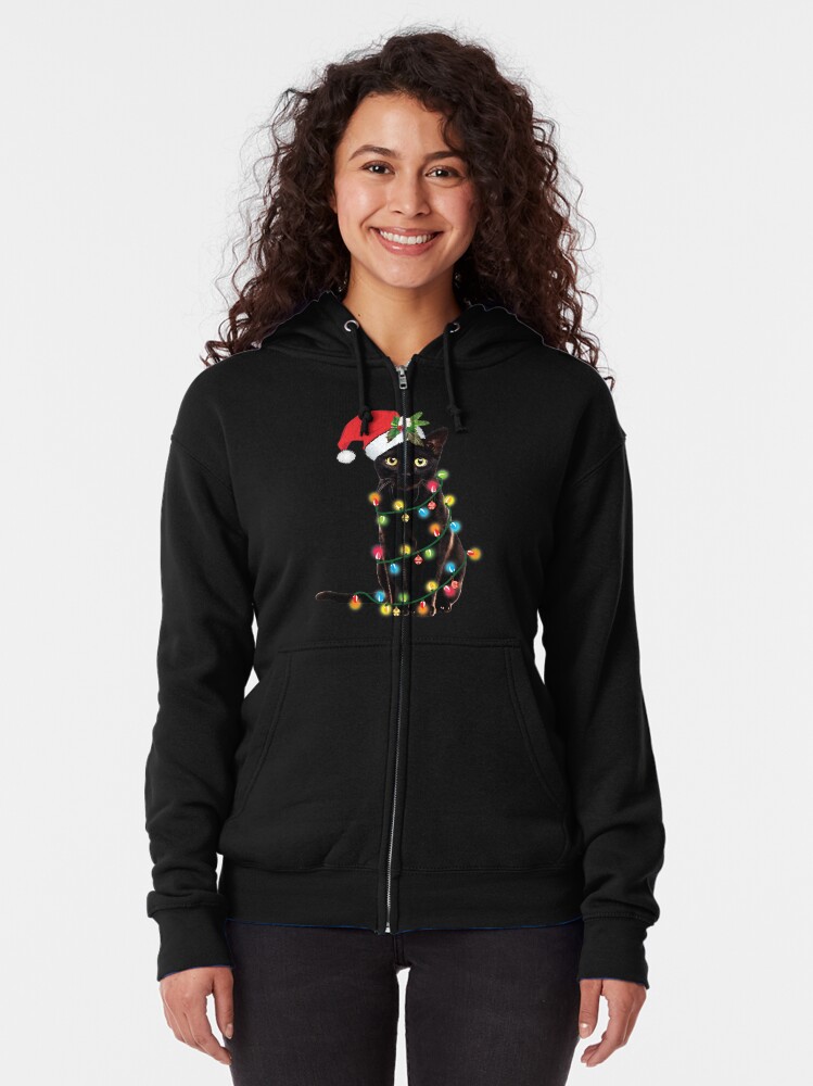 Disover Santa Black Cat Tangled Up In Christmas Tree Lights Holiday Zipped Hoodie