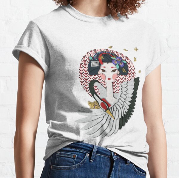 Maiko. Geisha apprentice, Crane bird and Butterflies  Classic T-Shirt
