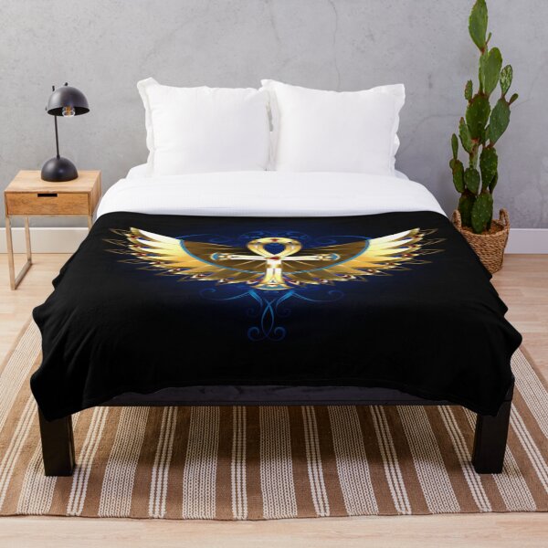 Gold Ankh with Wings Throw Blanket