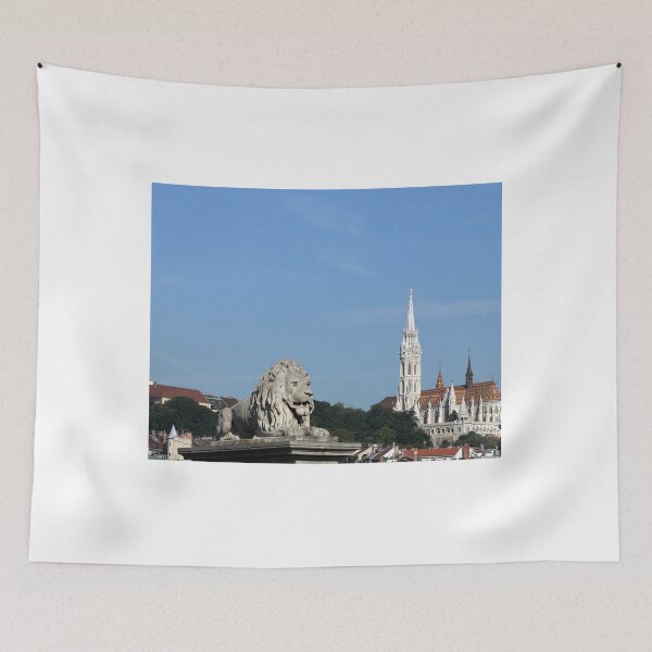 Item preview, Lion statue and Matthias church Budapest cityscape Hungary designed and sold by goceris.