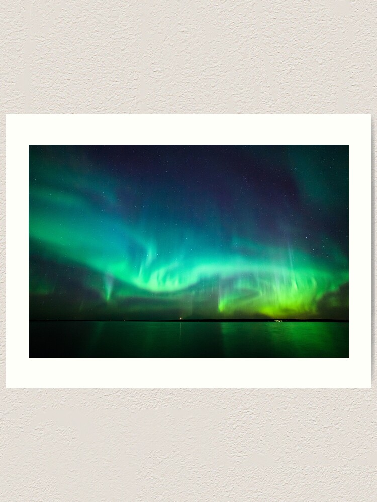 Alternate view of Northern lights glow over lake Art Print