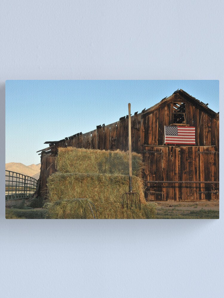 Old Barn Pitchfork And American Flag Canvas Print By Cathames