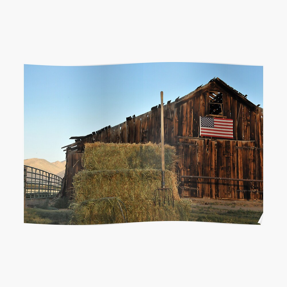 "Old barn, pitchfork and American flag" Poster by cathames Redbubble