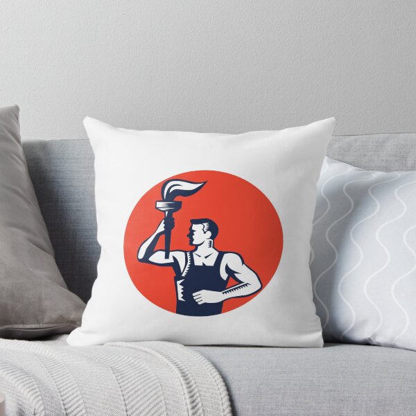 Item preview, Worker Holding Up Flaming Torch Circle Woodcut designed and sold by patrimonio.