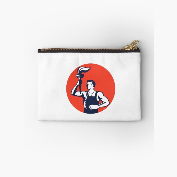 Item preview, Worker Holding Up Flaming Torch Circle Woodcut designed and sold by patrimonio.