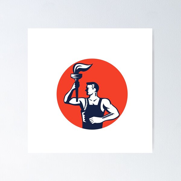 Item preview, Worker Holding Up Flaming Torch Circle Woodcut designed and sold by patrimonio.