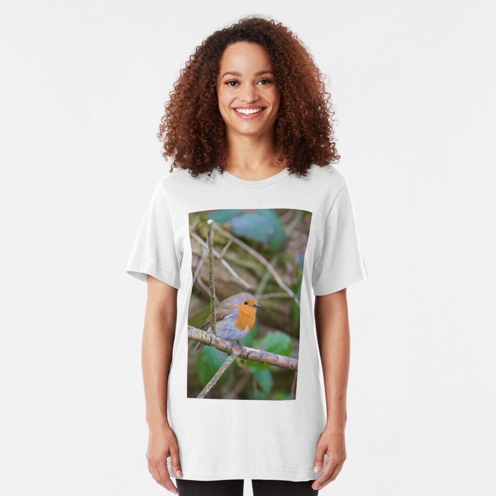 Robin (Erithacus Rubecula) Perched in Woodland Slim Fit T-Shirt