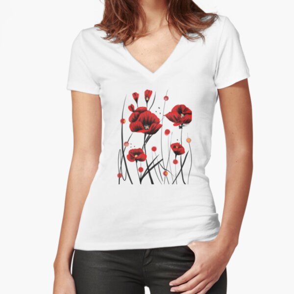 Feurige Mohnblumen Tailliertes T-Shirt mit V-Ausschnitt