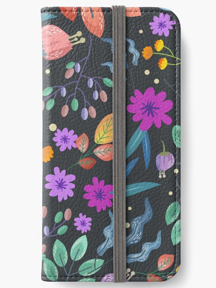 Fundas tarjetero para iPhone «Patrón de flores azules, rosas, lilas y  amarillas sobre fondo oscuro» de Kanae19 | Redbubble