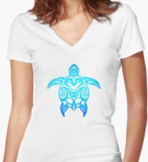 Ocean Blue Tribal Turtle Women's Fitted V-Neck T-Shirt