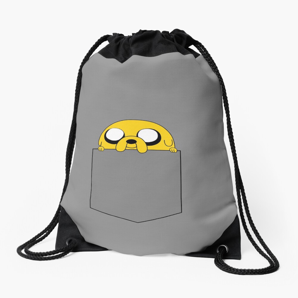 Adventure Time Jake peeks out of a pocket Drawstring Bag