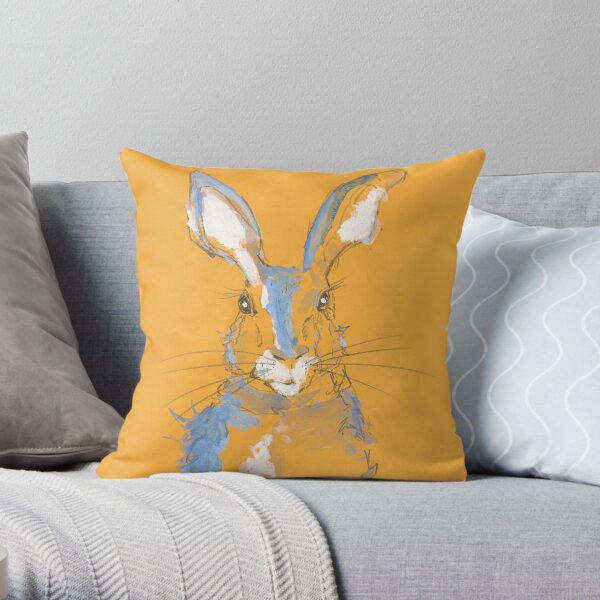 Mustard Blue Summer Hare Throw Pillow