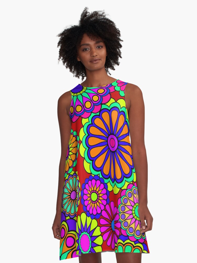 A-Line Dress, Flower Power Retro Style Hippy Flowers designed and sold by Alondra