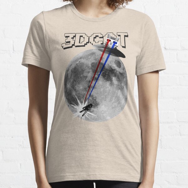 3D Cat Attacks the Moon Essential T-Shirt