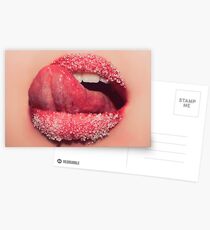 Sexy tongue licking women pink lips in sugar Postcards