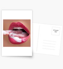 white foam on female lips with a pink lipstick Postcards