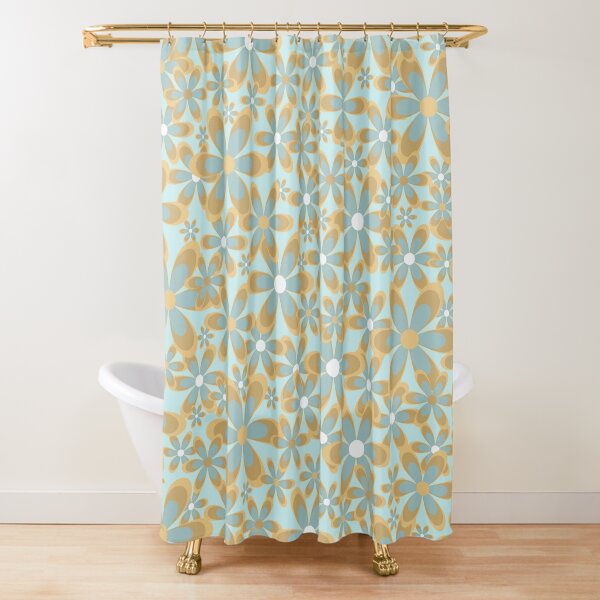 "Flowerama Retro Papercut Floral Pattern in Ice Aqua Blue, Gold, and