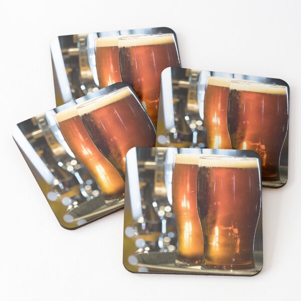 Item preview, Dark coloured ale stands on a tray in pint glasses back lit on a bar top.United Kingdom  designed and sold by Tony Skerl.