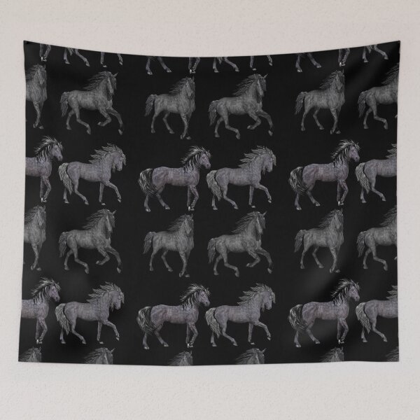Aperçu de l'œuvre QUATRE MUSTANGS SUR NOIR créée et vendue par PetsandBeyond.
