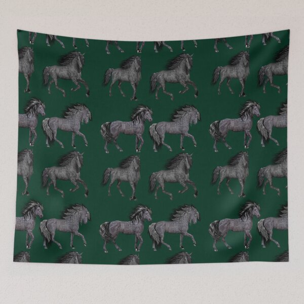 Aperçu de l'œuvre QUATRE MUSTANGS SUR VERT FONCÉ créée et vendue par PetsandBeyond.