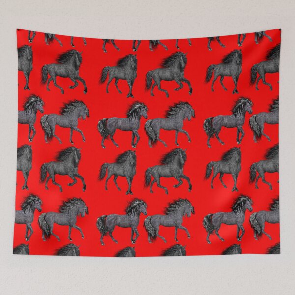 Aperçu de l'œuvre QUATRE MUSTANGS SUR LE ROUGE créée et vendue par PetsandBeyond.