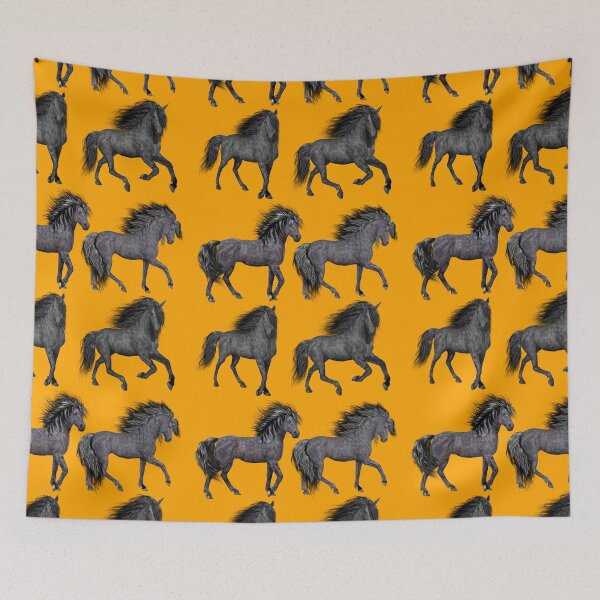 Aperçu de l'œuvre QUATRE MUSTANGS SUR ORANGE créée et vendue par PetsandBeyond.