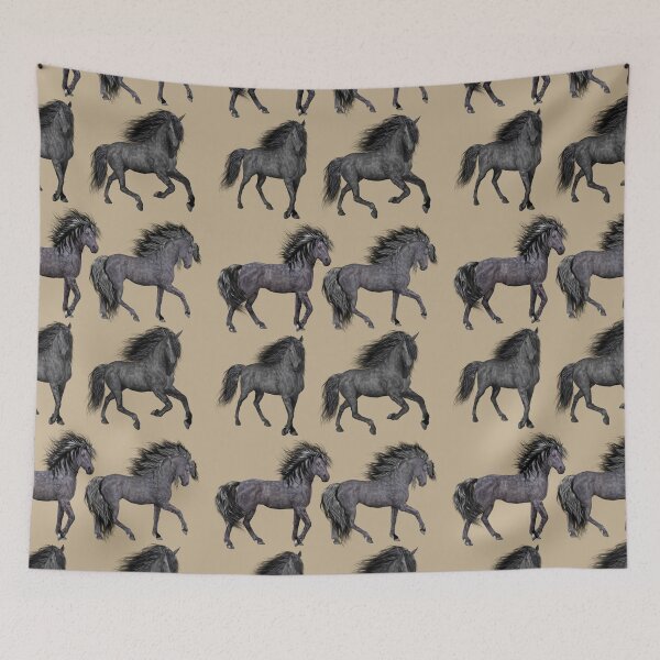 Aperçu de l'œuvre QUATRE MUSTANGS SUR LE KAKI créée et vendue par PetsandBeyond.