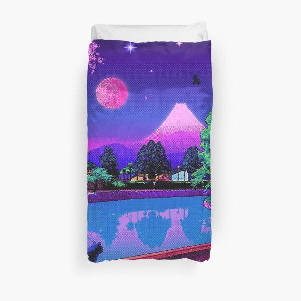 Aesthetic 80s Pixel Art Japan Design Kawaii Cat Duvet Cover