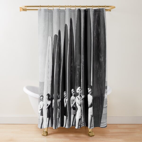 Surfers on Beach Vintage Black and White Photograph Shower Curtain