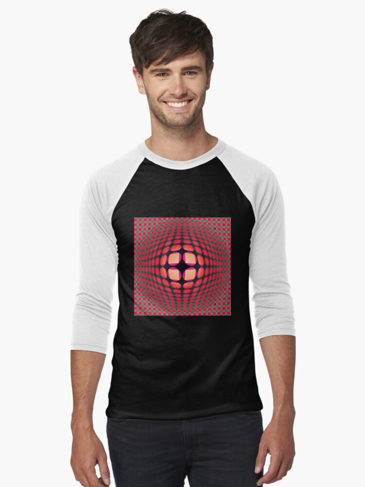 Aperçu 1 sur 3. T-shirt baseball manches ¾ avec l'œuvre Victor Vasarely Hommage 4 créée et vendue par Salocin.