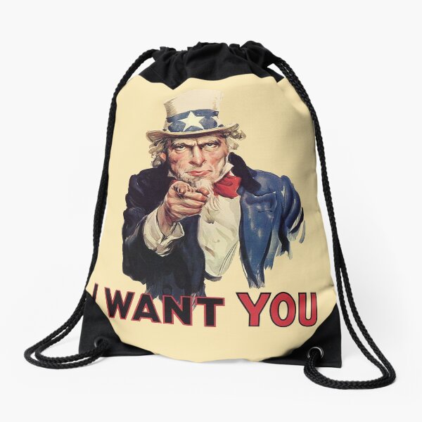 UNCLE SAM. Americana, America, I Want You! Uncle Sam Wants You. Recruitment Poster, USA. Drawstring Bag