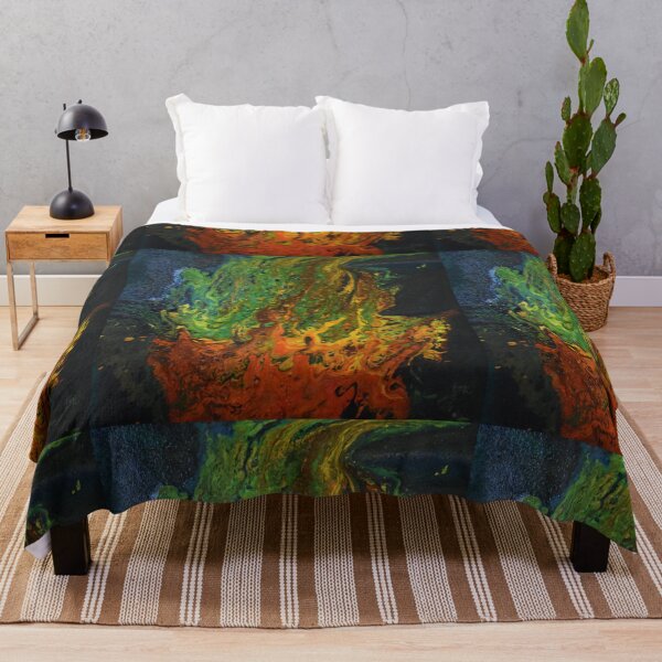 Item preview, camp fire by the forest, acrylic pour, reds and greens designed and sold by myatticstudio.