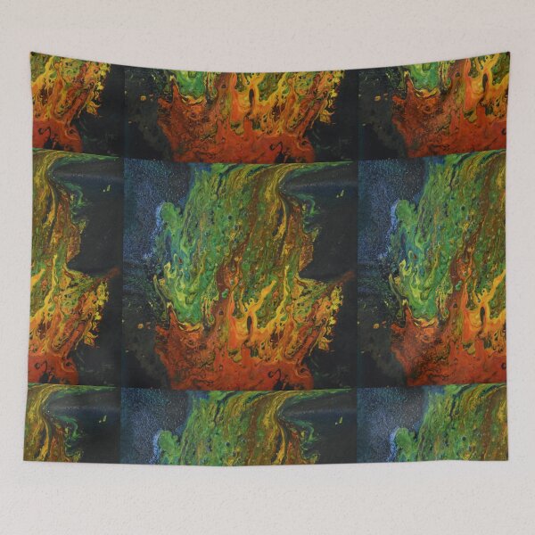 Item preview, camp fire by the forest, acrylic pour, reds and greens designed and sold by myatticstudio.
