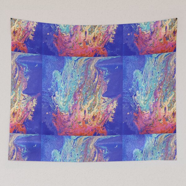 Item preview, magical camp fire by the forest, acrylic pour, blues designed and sold by myatticstudio.