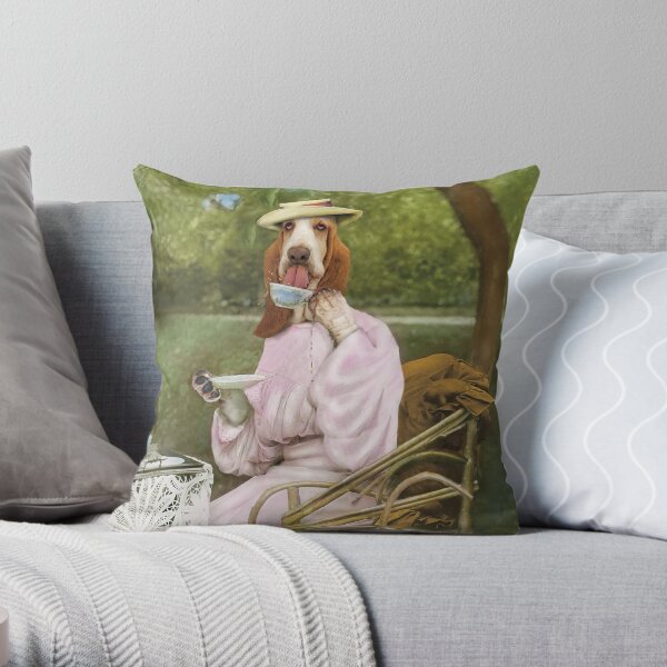 Basset Hound drinking tea dressed in vintage Victorian clothes Throw Pillow
