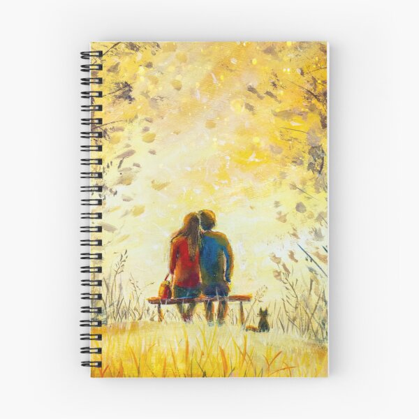 Aperçu de l'œuvre Peinture à l'huile romance et amour. Un couple d'amoureux et un chat - un jeune homme et une belle fille sont assis sur un banc et profitent d'une vue magnifique sur le coucher de soleil jaune. Paysage romantique. créée et vendue par rybakowvalery.