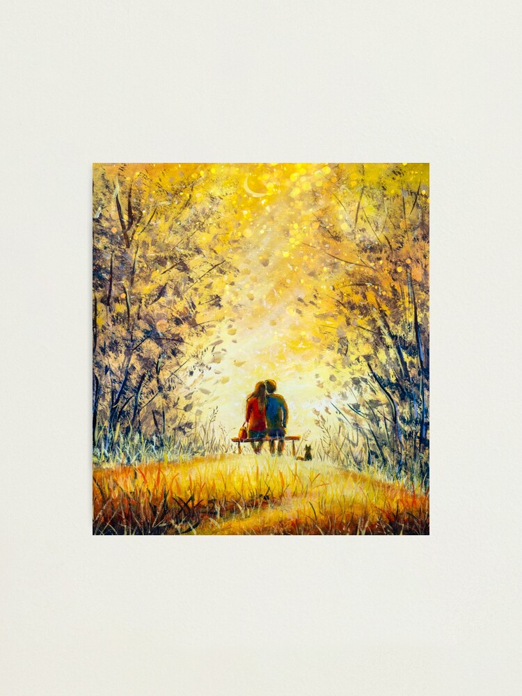 Impression Photo Peinture A L Huile Romance Et Amour Un Couple D Amoureux Et Un Chat Un Jeune Homme Et Une Belle Fille Sont Assis Sur Un Banc Et Profitent D Une Vue