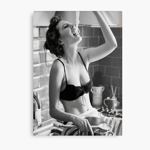 Spaghetti Girl, Kitchen Foodie Vintage Black and White Photography Metal Print