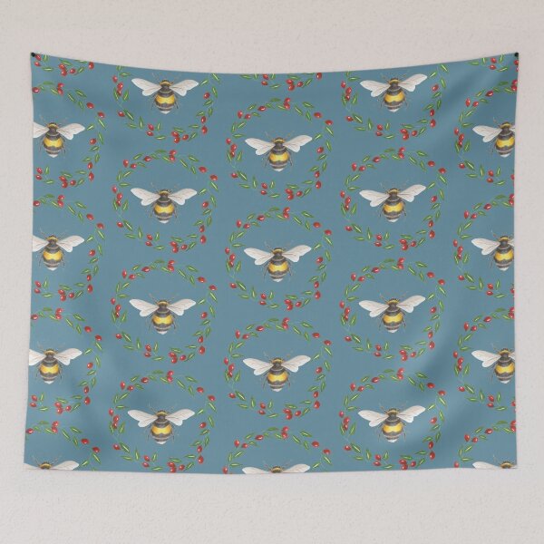 Item preview, Bumblebee and Rosehips on blue designed and sold by Theodora Gould.