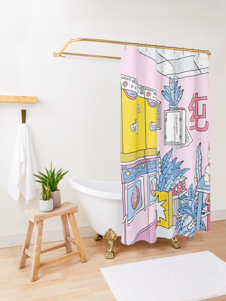 Alternate view of MANEKI WASH BLUE Shower Curtain