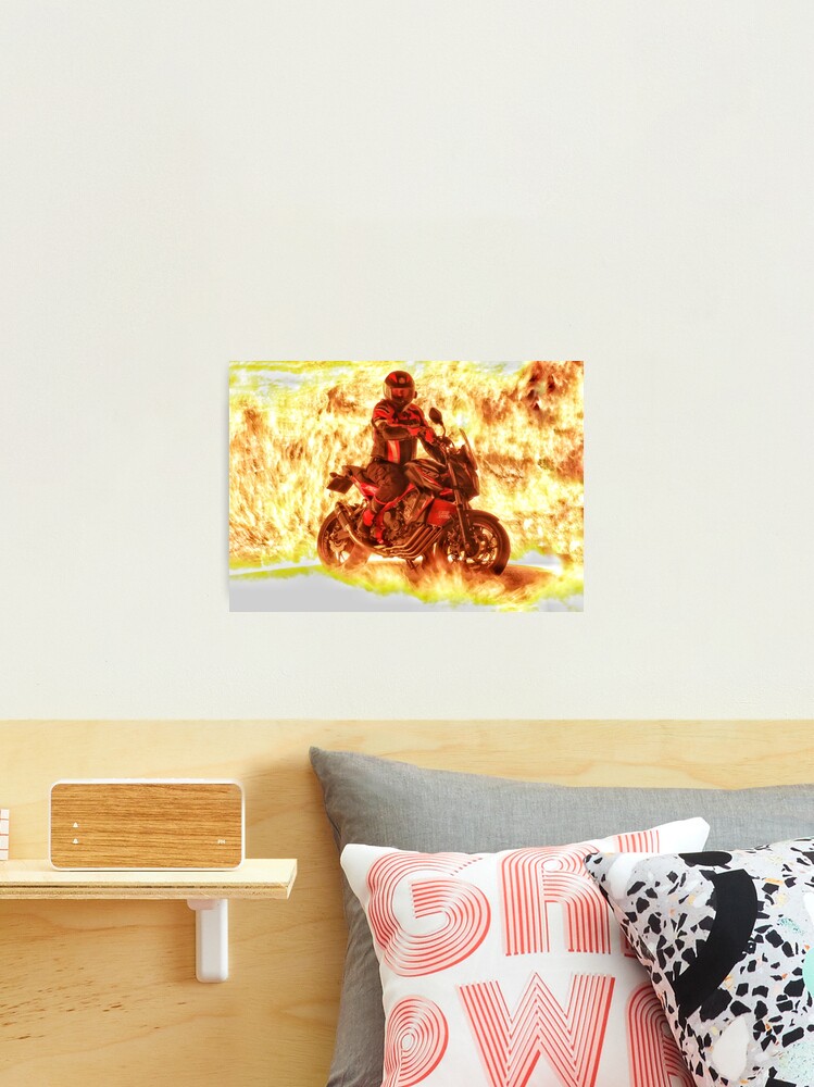 Thumbnail 2 of 3, Photographic Print, Motorbike and rider on flames designed and sold by hartrockets.