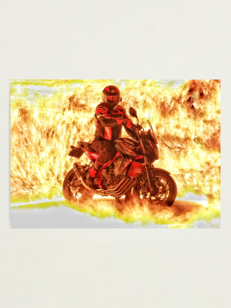 Thumbnail 1 of 3, Photographic Print, Motorbike and rider on flames designed and sold by hartrockets.