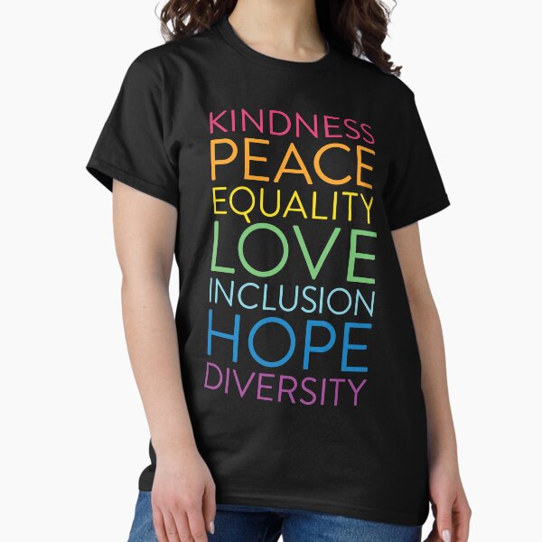 Vista previa del artículo con la obra «Paz Amor Esperanza Igualdad Inclusión Diversidad Justicia Social», diseñado y vendido por AugustDesign.