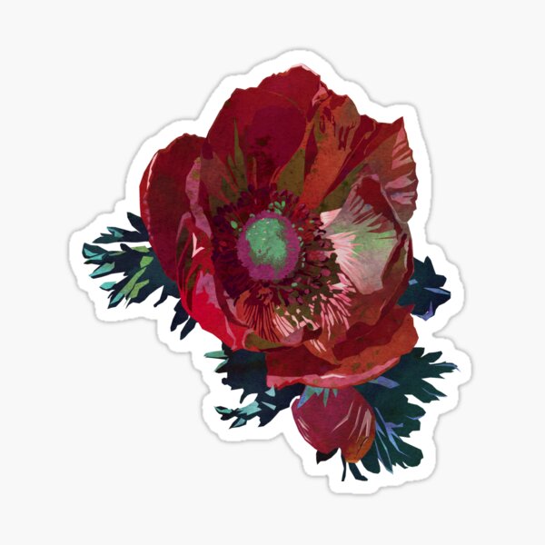 “Red Anemone Flower Art | Watercolor Floral Art Print | Red Green